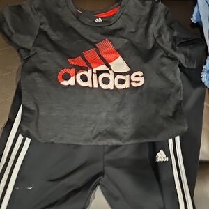 Adidas Black Tee and Pants Set with Red Logo